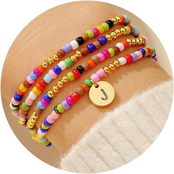 4PCS Colorful Beaded Initial Bracelets for Women J - Picture 1 of 6